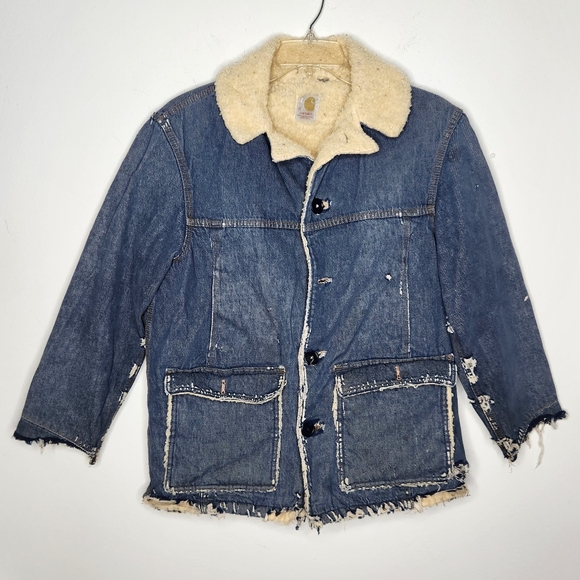 Vintage 1970s CARHARTT USA Mens 42 Denim Sherpa Barn Chore Jacket Distressed